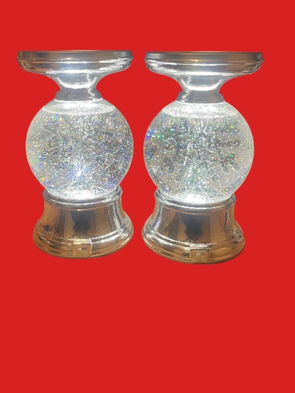 Musical Snowflake Water Globe Pedestal Candle Holders Set